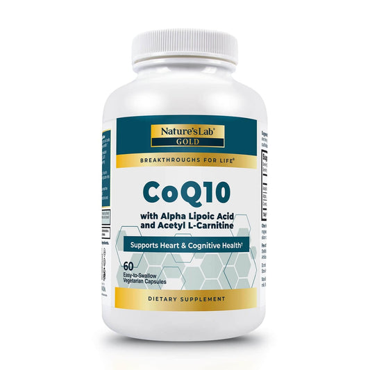 Nature's Lab envase frontal de CoQ10 200 mg mostrando etiqueta y beneficios