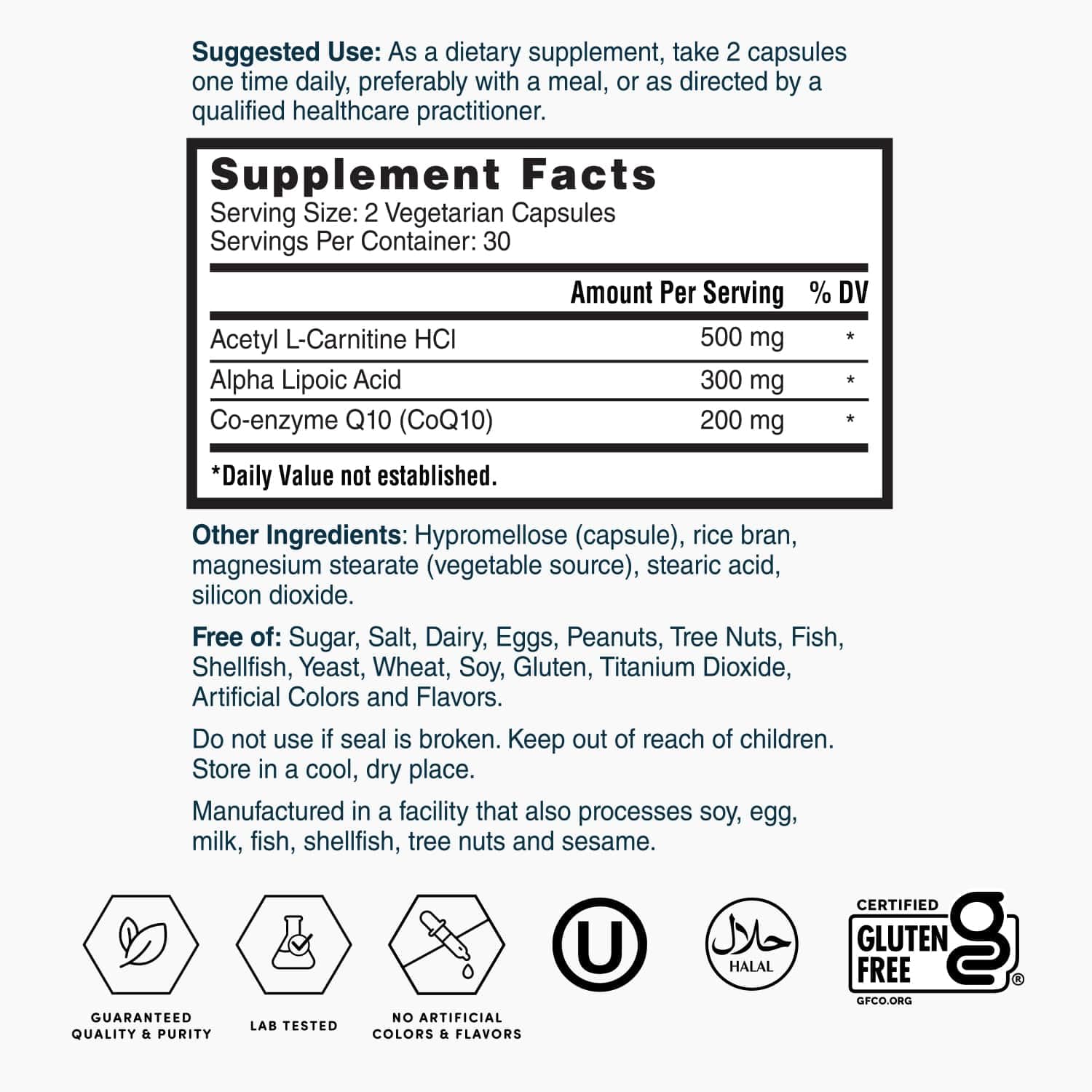 Nature's Lab etiqueta con ingredientes y cantidades por cápsula informativas