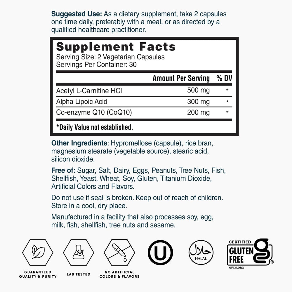 Nature's Lab etiqueta con ingredientes y cantidades por cápsula informativas