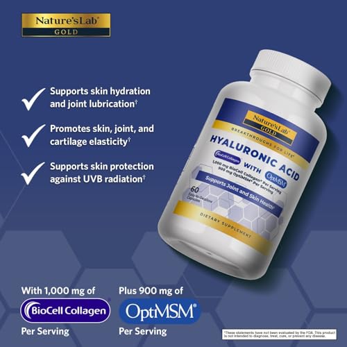 Nature's Lab etiqueta ácido hialurónico Biocell en cápsulas para bienestar diario.