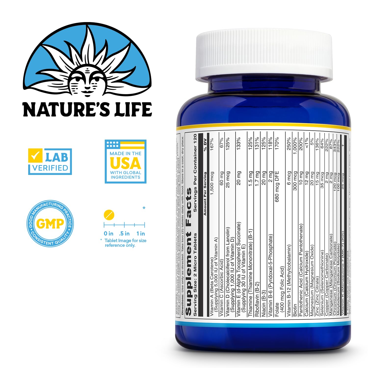Nature's Life microtabletas en mano demostrando tamaño fácil de tragar