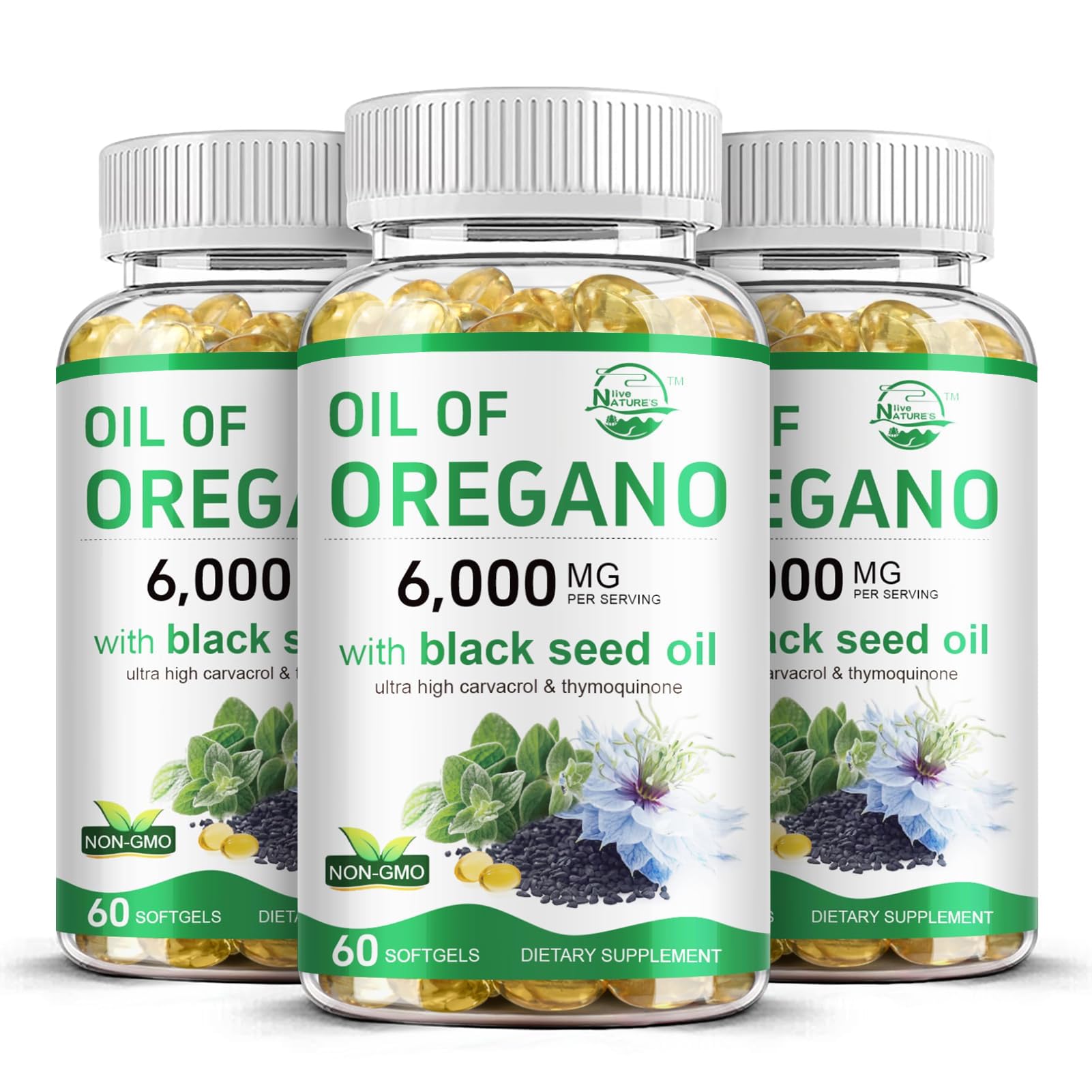 Nature's live frasco delantero con softgels, información visible y beneficio de suministro prolongado