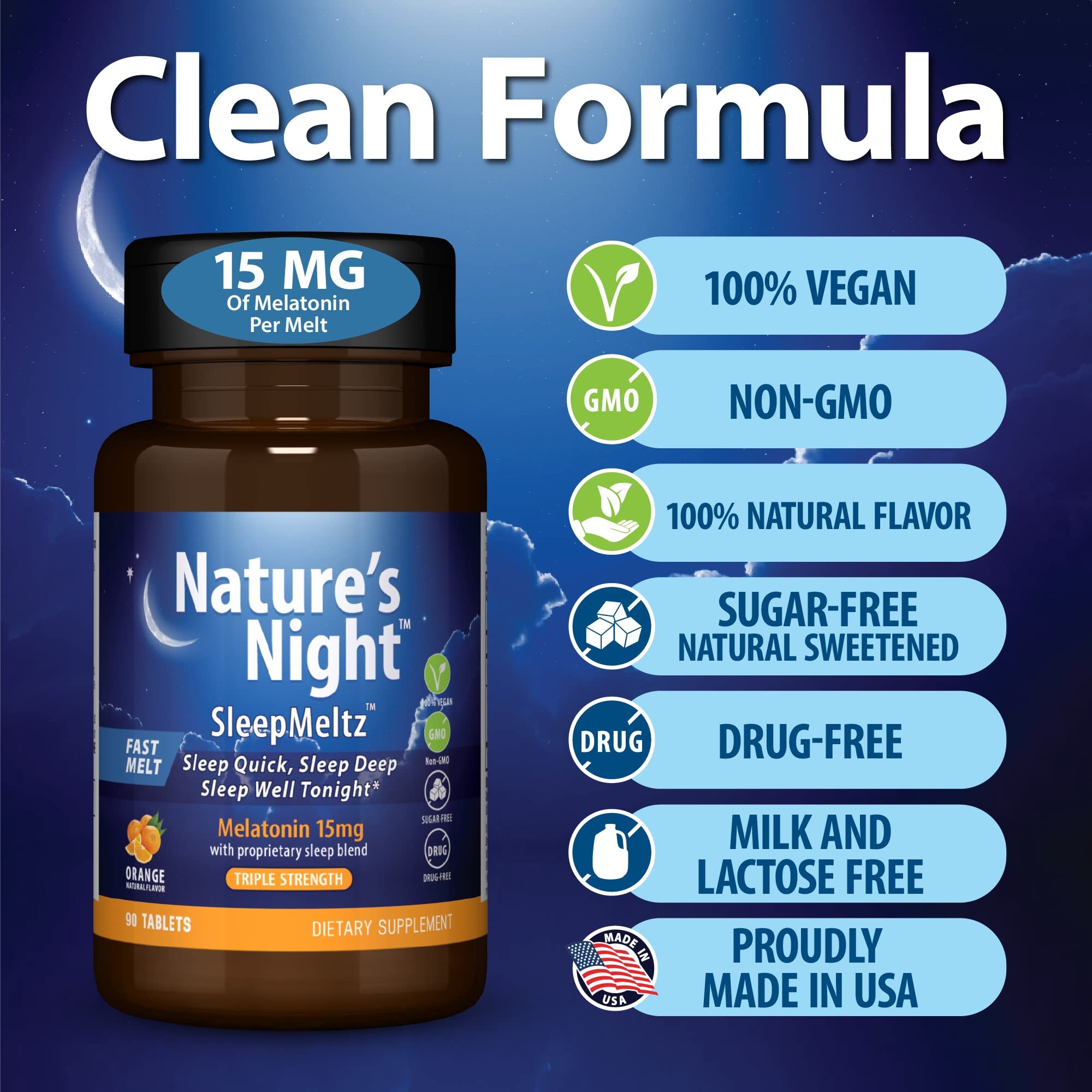 Nature's Night botella abierta con tabletas visibles para cantidad y presentación