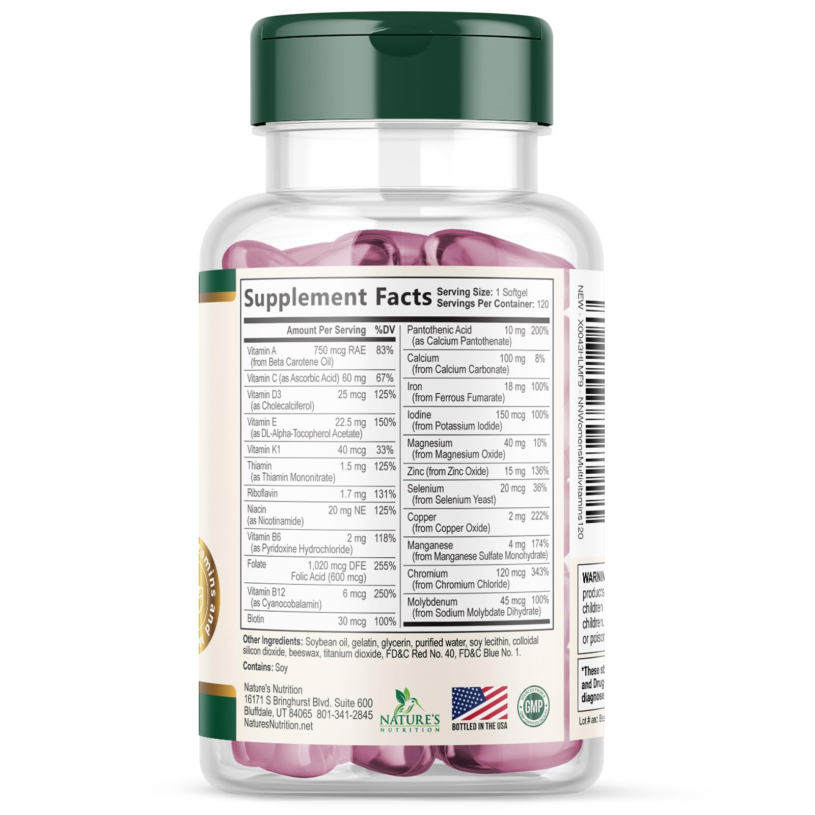 Nature's Nutrition distribución de 120 softgels mostrando cantidad de suministro