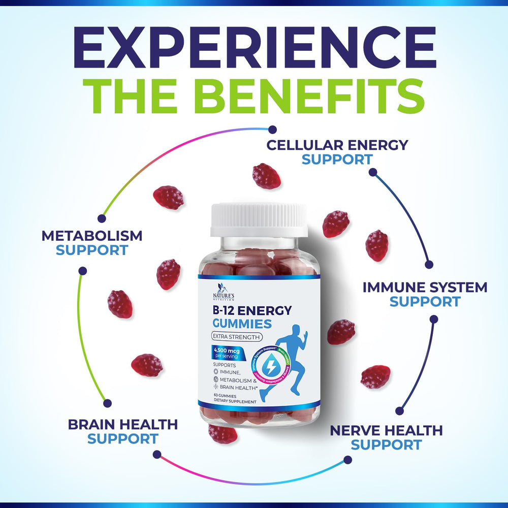 Frasco abierto Nature's Nutrition B12 mostrando 60 gominolas listas para uso