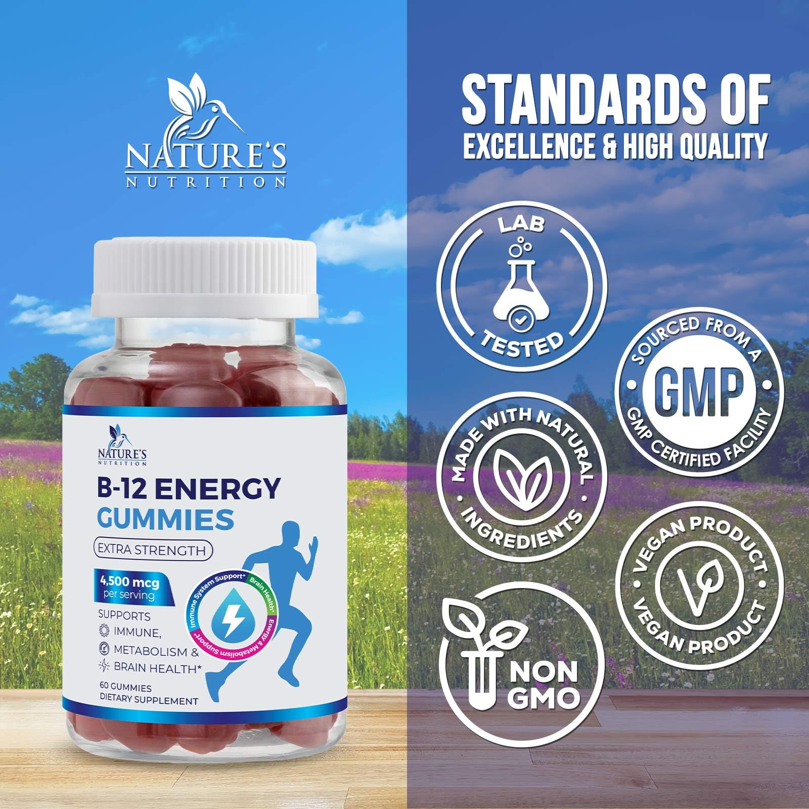 Etiqueta informativa Nature's Nutrition B12 con concentración y certificaciones