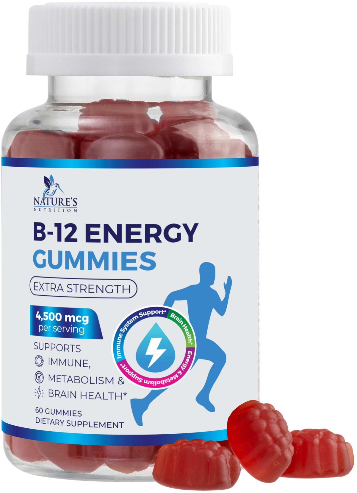 Nature's Nutrition frasco frontal de gominolas B12, presentación y dosis visible