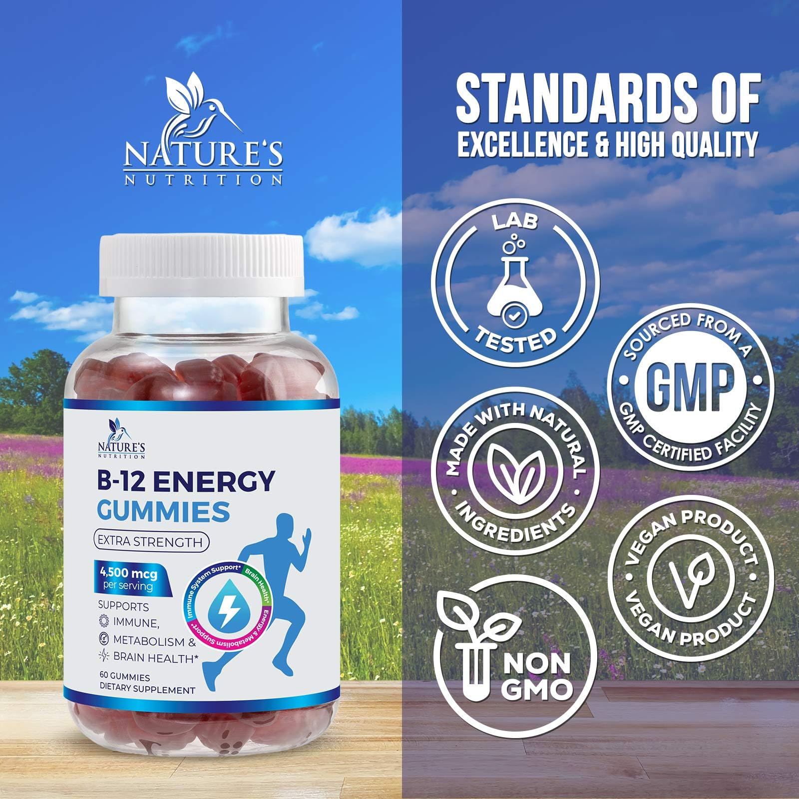 Nature's Nutrition bote abierto con gominolas visibles y seguridad de calidad