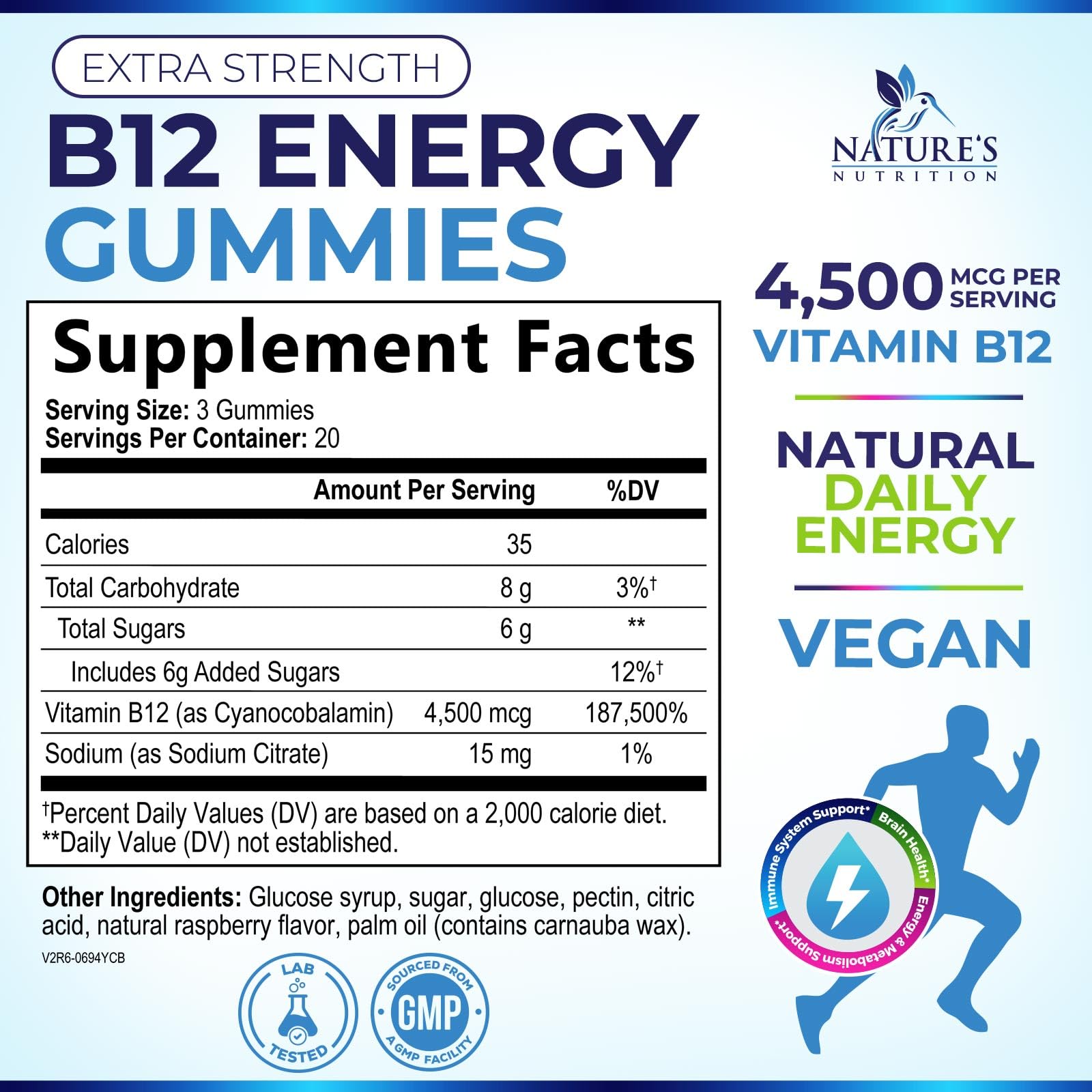 Close-up textura de gominola Nature's Nutrition B12 mostrando aspecto masticable