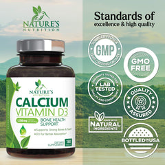 Nature's Nutrition calcio 1200 mg con D3, cuidado dental y huesos diario.