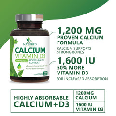 Nature's Nutrition calcio 1200 mg con D3, apoyo inmunológico suave para tu día.