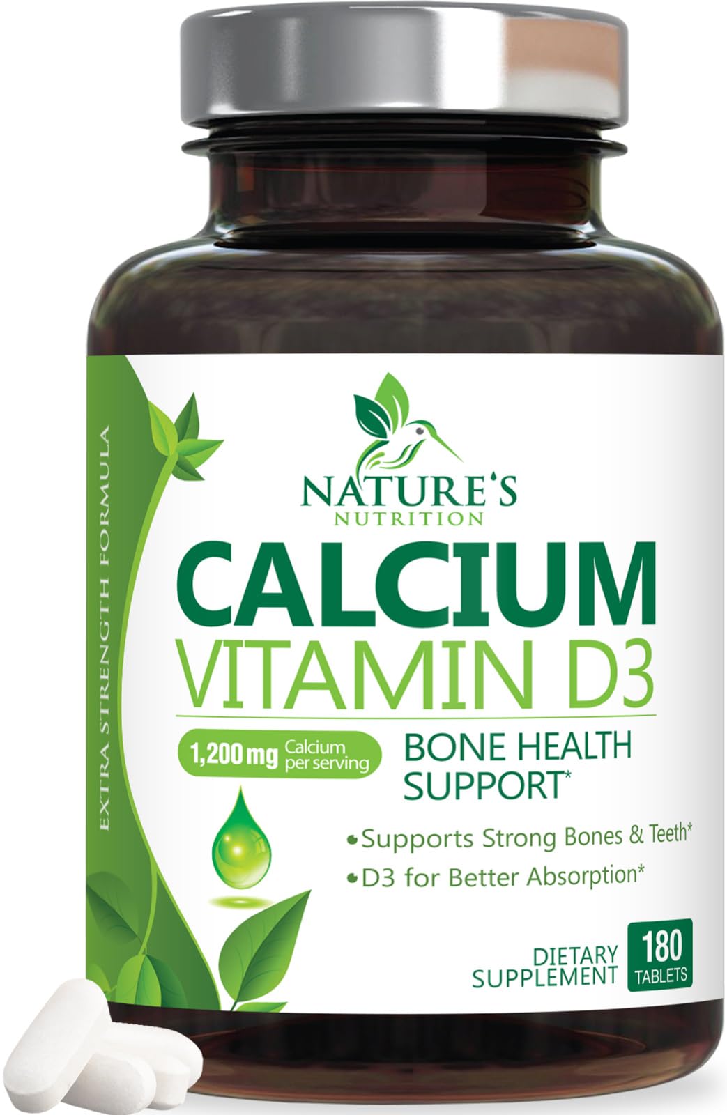 Nature's Nutrition calcio 1200 mg con D3, tabletas para huesos y dientes fuertes.