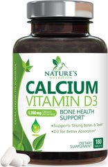 Nature's Nutrition calcio 1200 mg con D3, tabletas para huesos y dientes fuertes.
