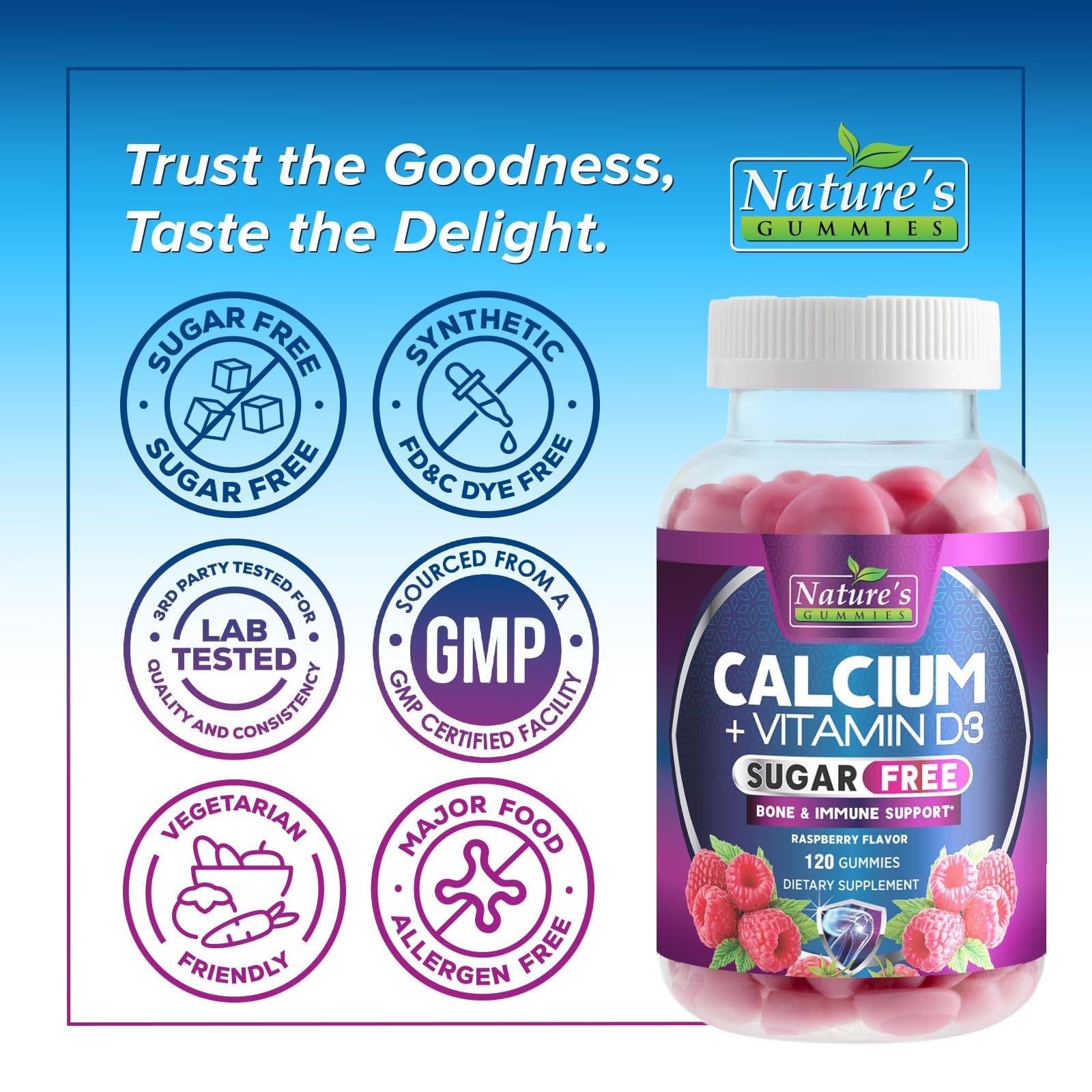 Nature's Nutrition envase abierto con gomitas visibles, transparencia y suministro prolongado
