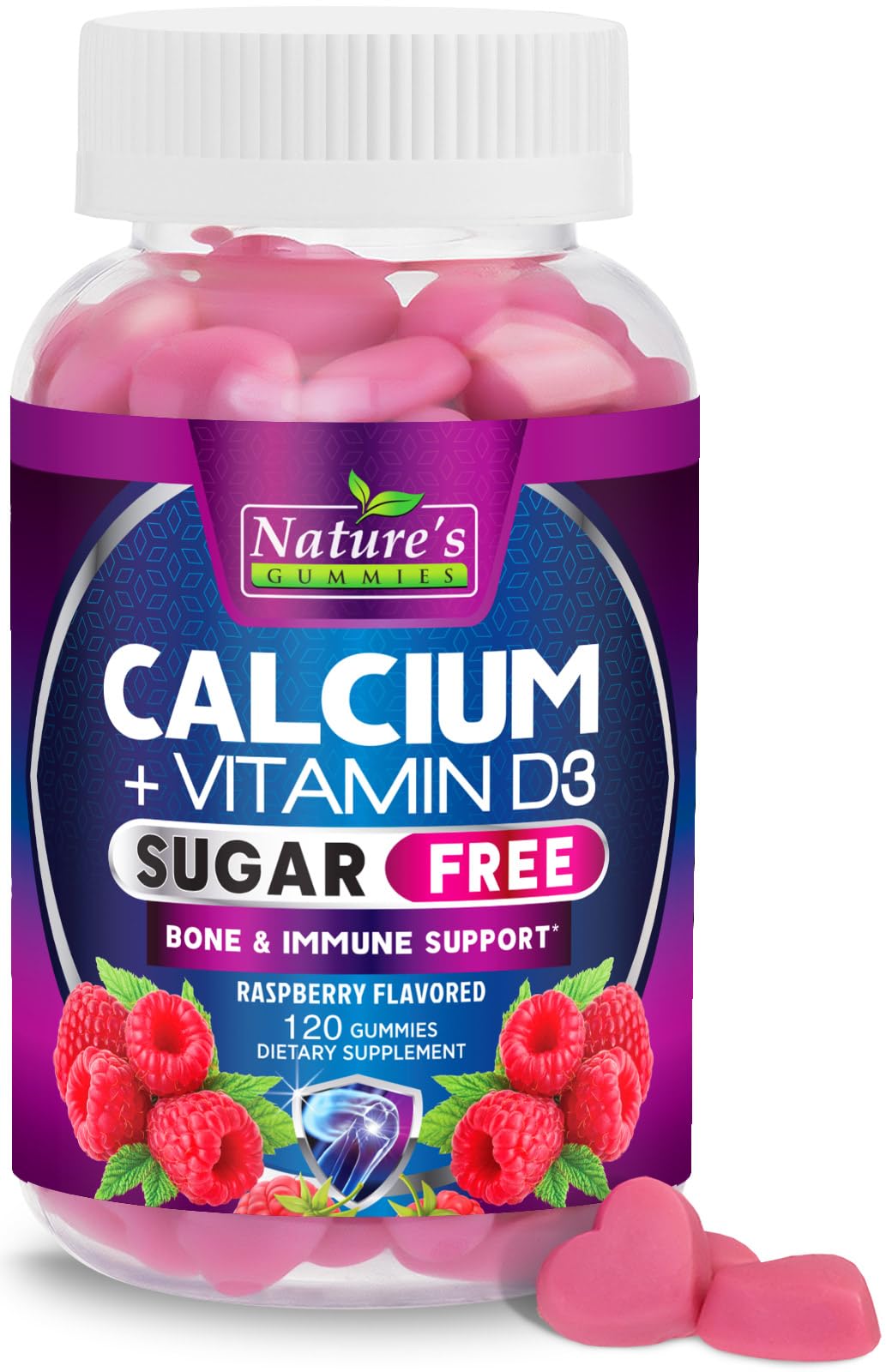 Nature's Nutrition empaque frontal de gomitas de calcio, fácil identificación y beneficio práctico