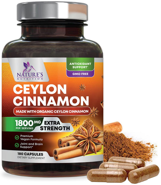Nature's Nutrition frasco frontal de Canela Ceylon orgánica mostrando envase y dosis