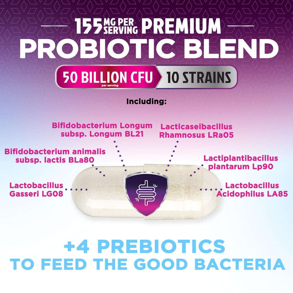 Nature's Nutrition cápsula abierta con polvo probiótico visible y beneficios