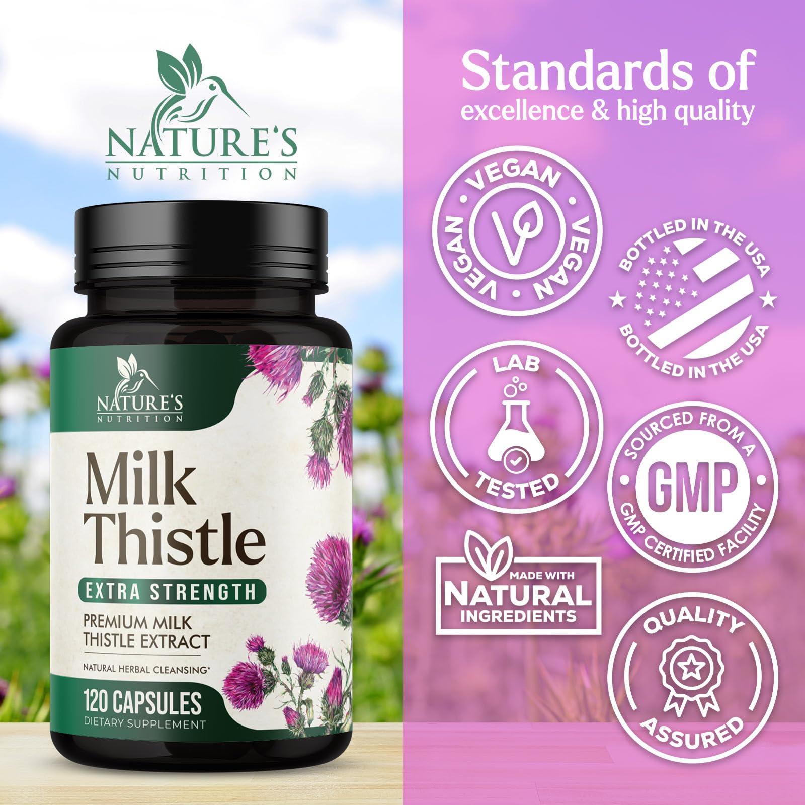 Nature's Nutrition cápsula en mano para mostrar tamaño y dosificación