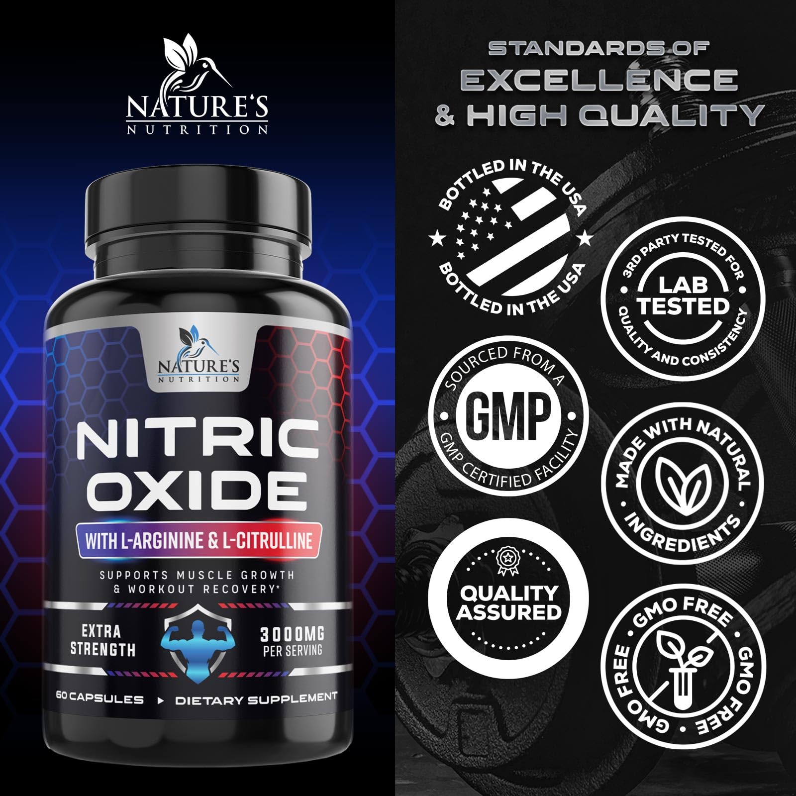 Nature's Nutrition cápsulas en mano para apreciar tamaño y dosificación