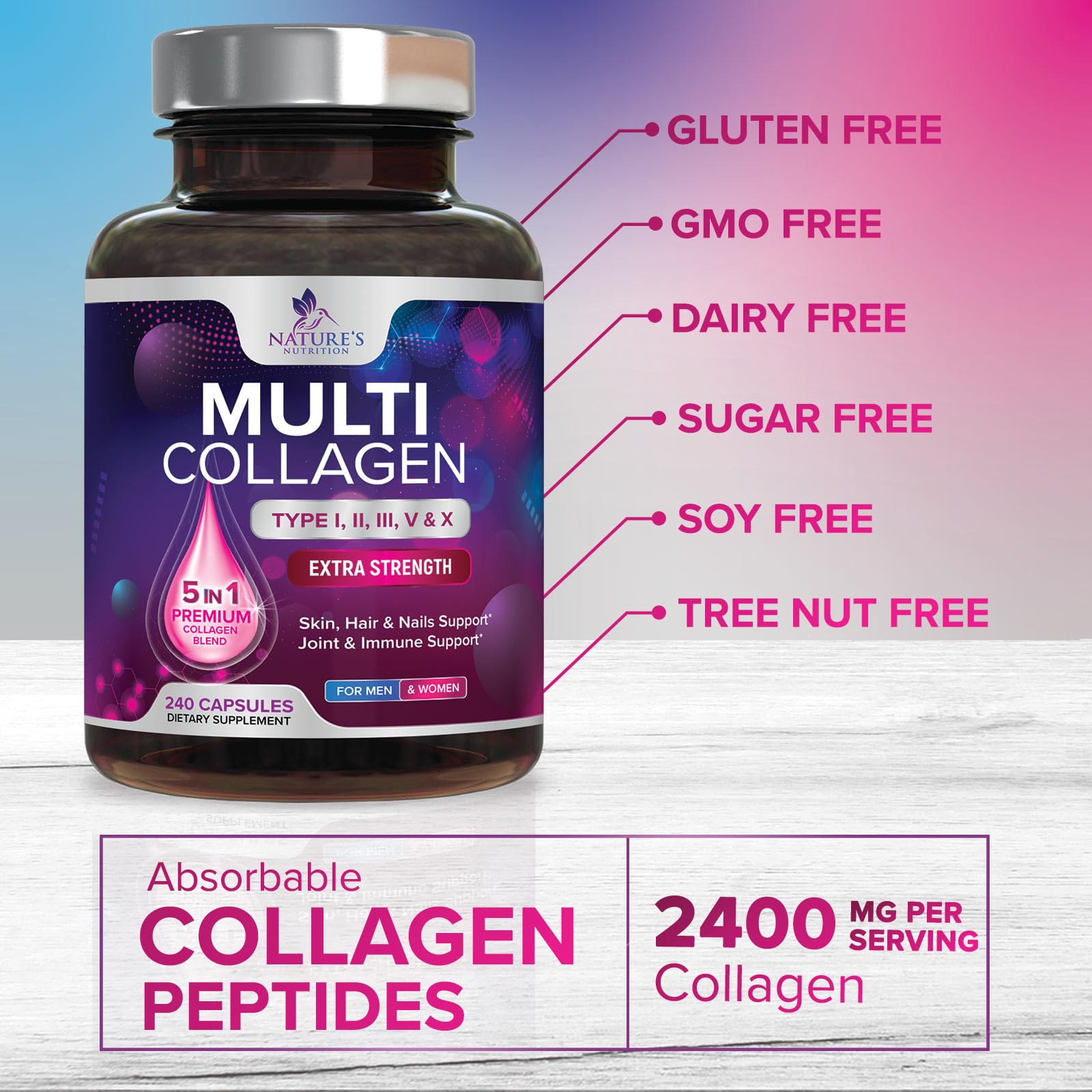 Nature's Nutrition cápsulas en la mano, facilidad de ingesta diaria
