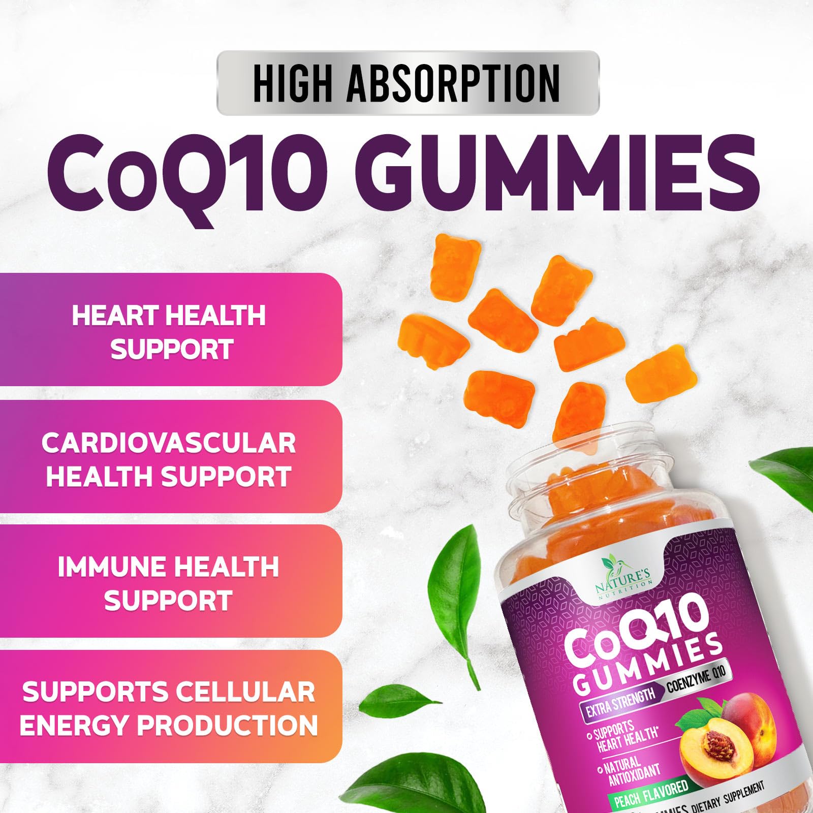 Nature's Nutrition frasco abierto con gomitas visibles para almacenamiento práctico