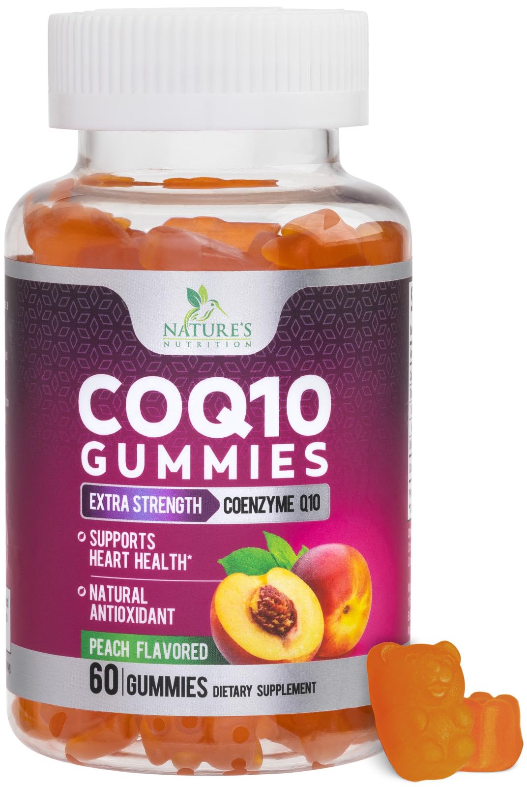 Nature's Nutrition frasco frontal de CoQ10 gomitas, presentación clara y segura