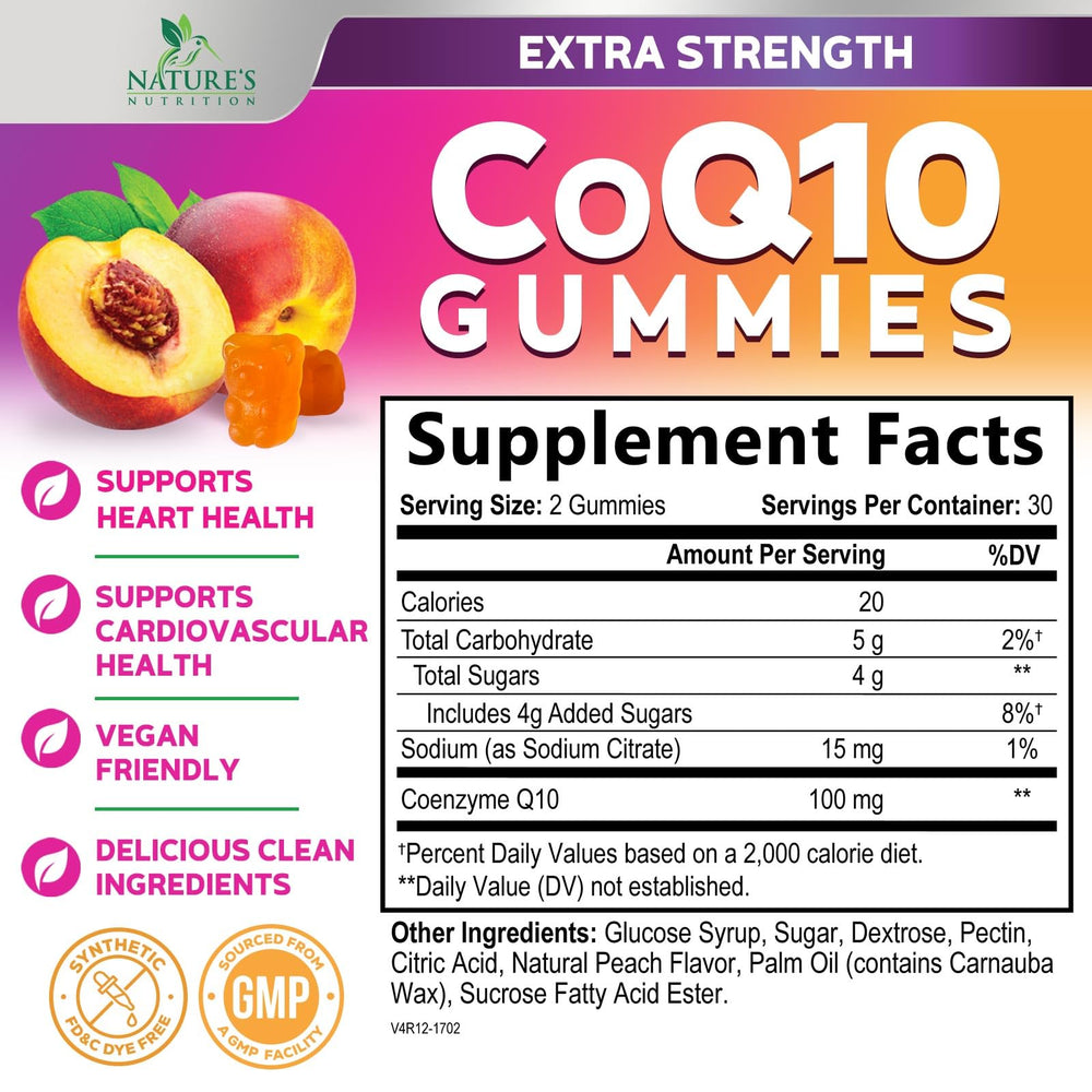 Nature's Nutrition primer plano de una gomita CoQ10 mostrando textura y color apetecible