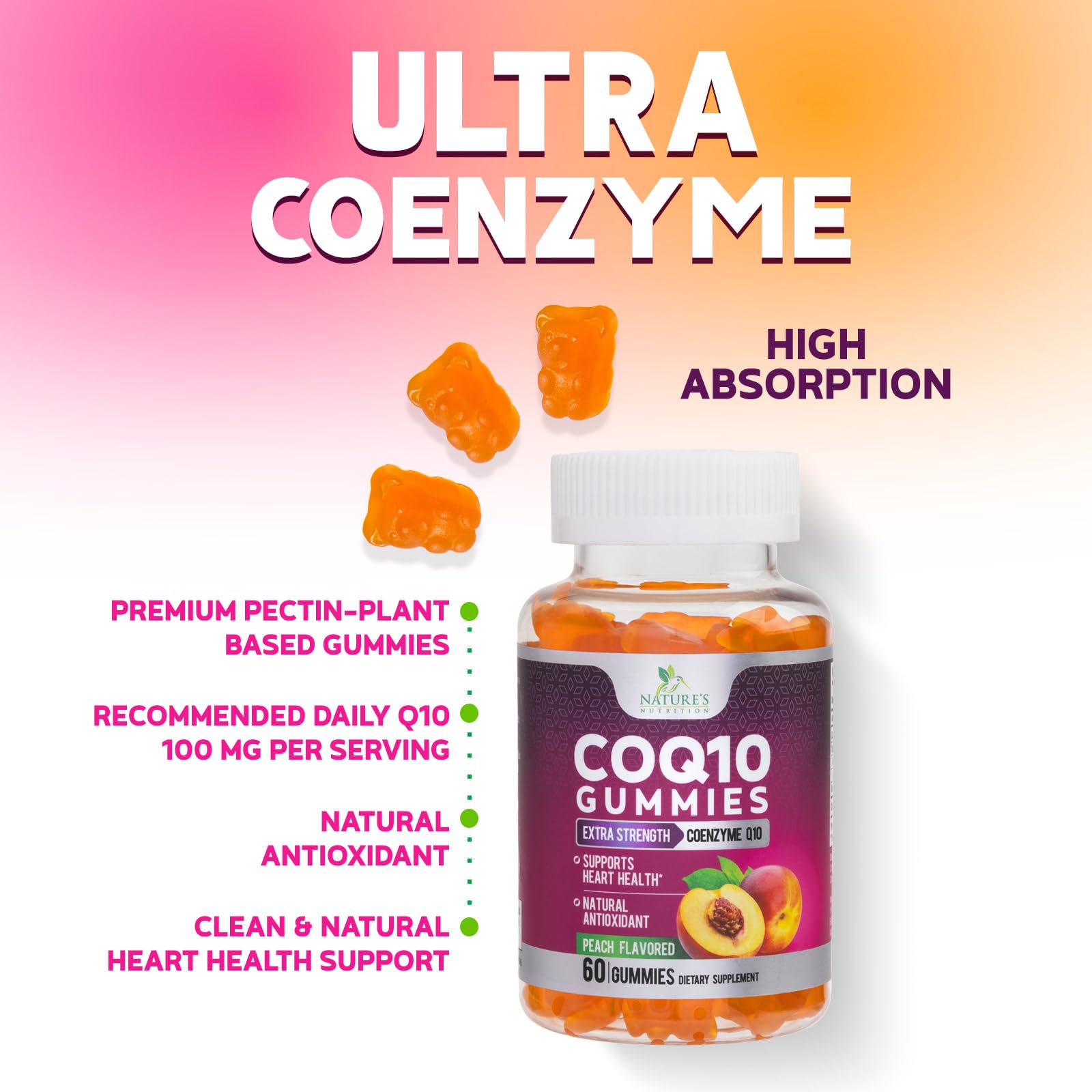 Nature's Nutrition etiqueta de ingredientes CoQ10 resaltando dosis y pureza