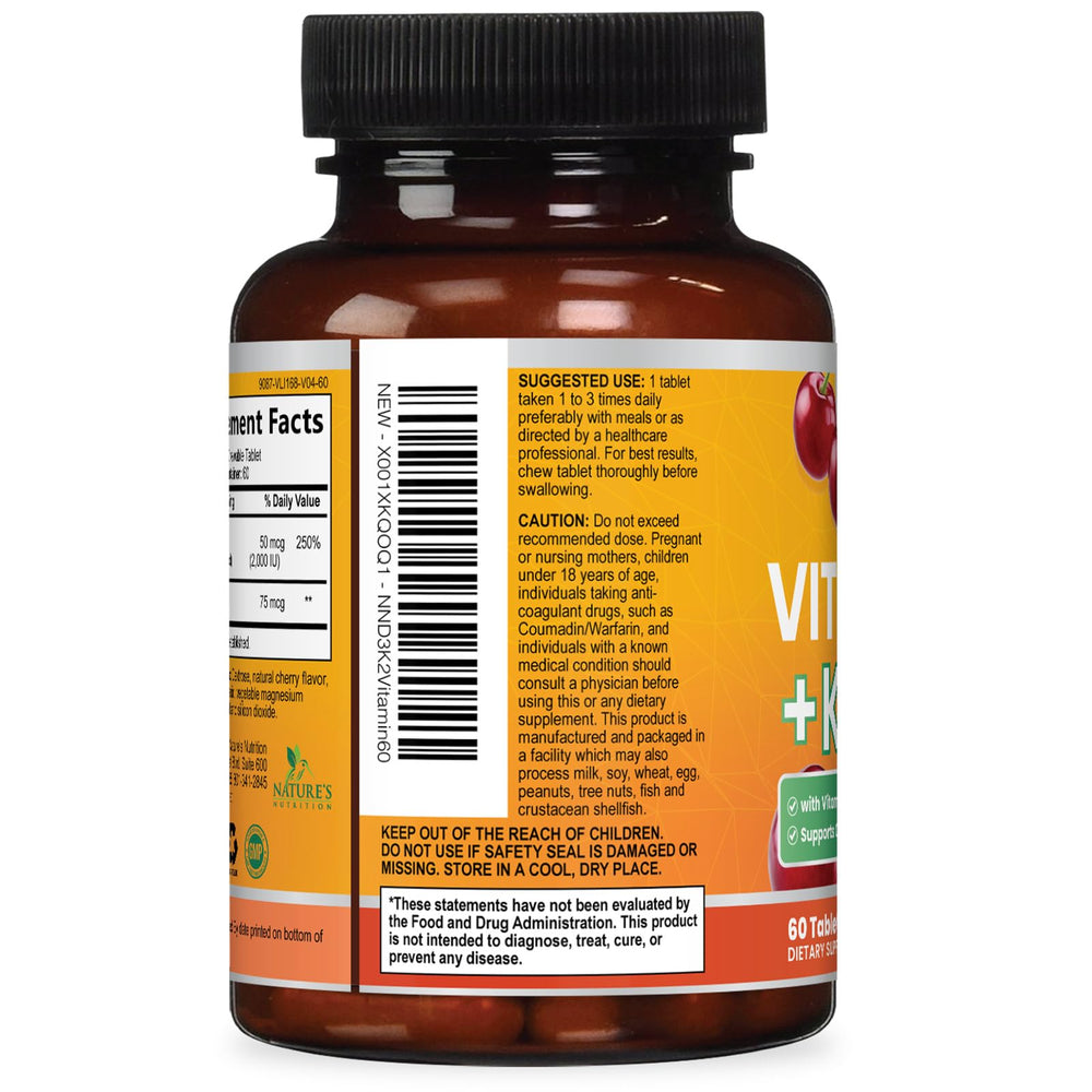 Nature's Nutrition envase abierto con tabletas visibles, muestra cantidad por frasco
