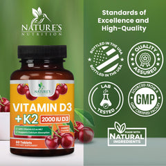 Nature's Nutrition etiqueta de ingredientes con información de D3 2000 IU y K2 MK‑7