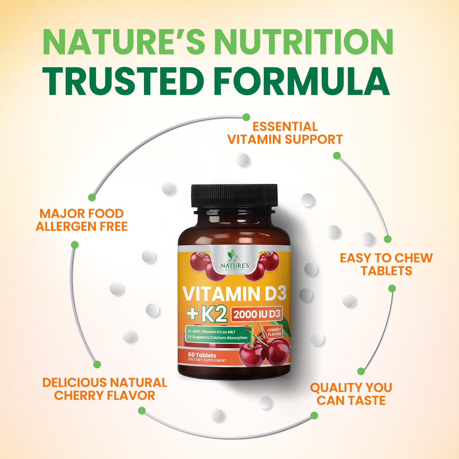 Nature's Nutrition frasco junto a desayuno ilustrando toma diaria fácil y práctica