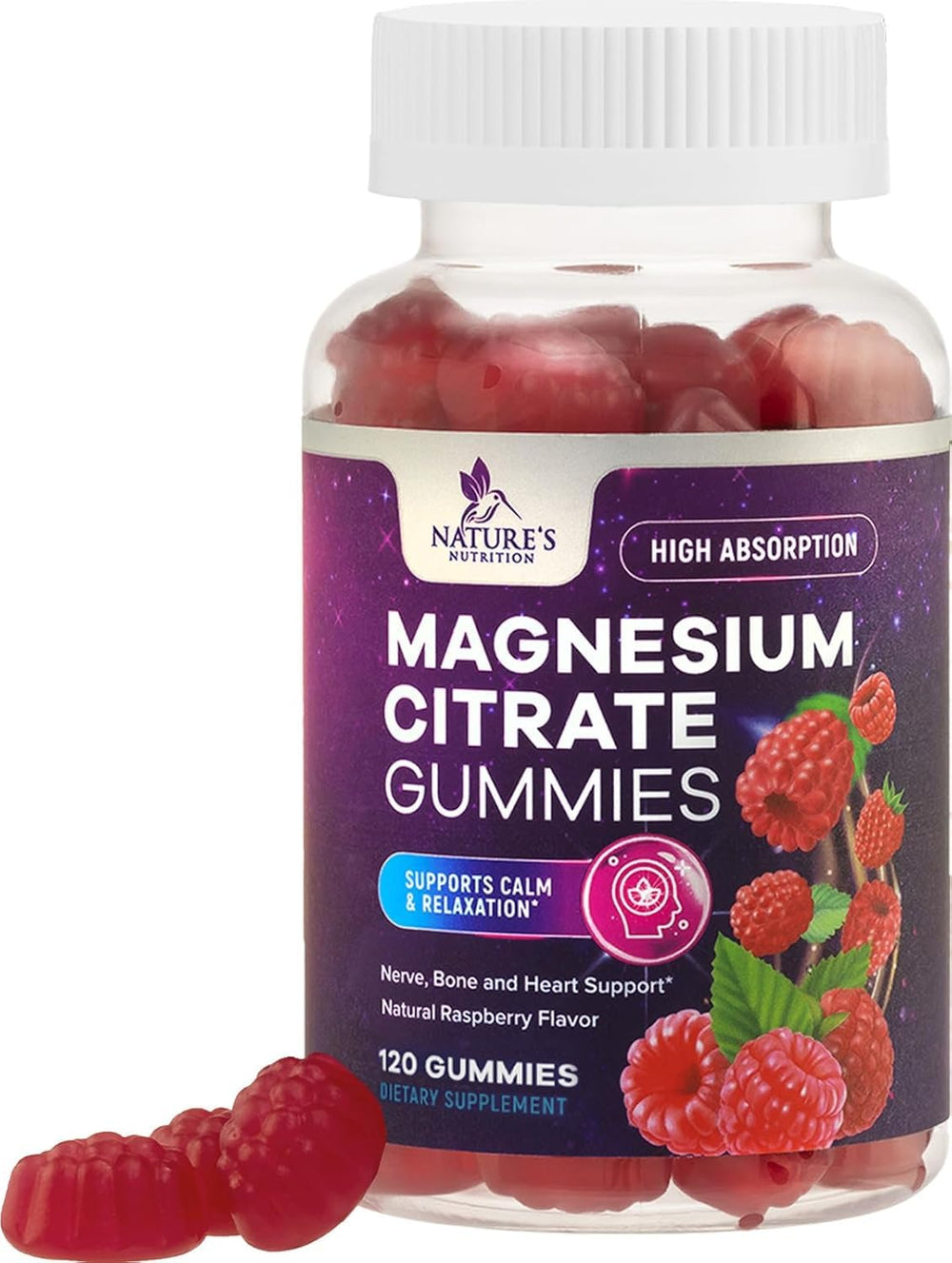 Nature's Nutrition envase frontal de gominolas de magnesio, conveniente y vegano