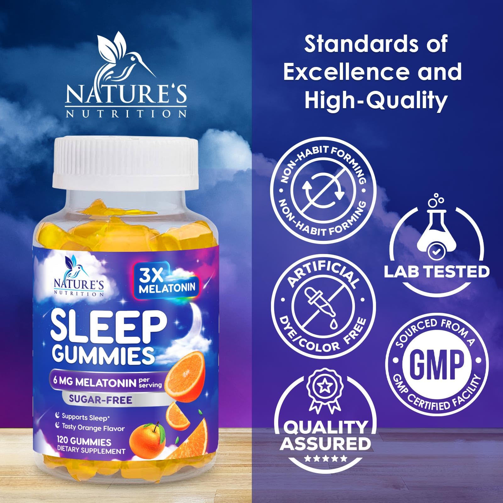 Nature's Nutrition etiqueta frontal con información de 6 mg y sin azúcar