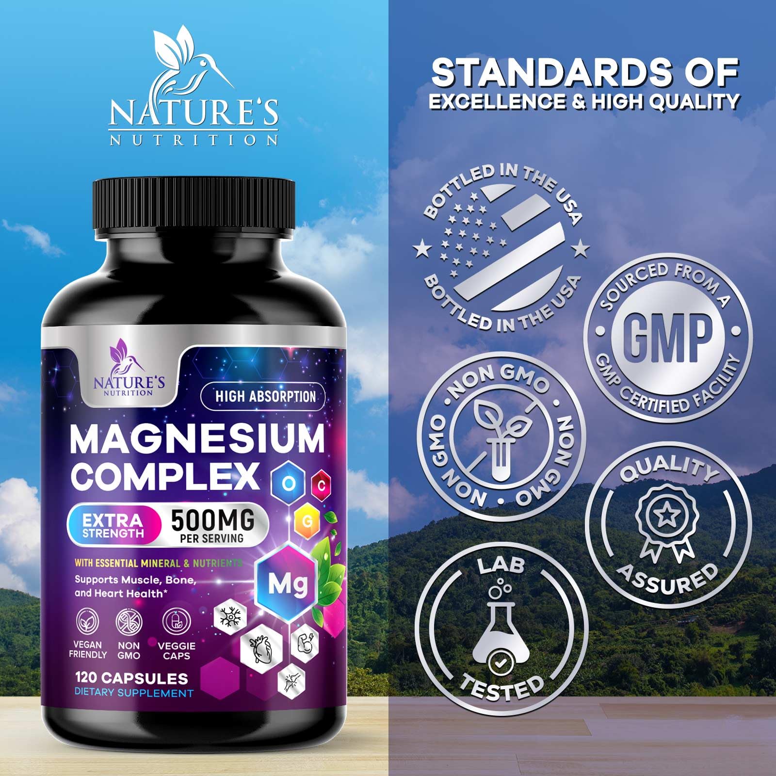 Nature's Nutrition etiqueta nutricional mostrando dosis y formas de magnesio