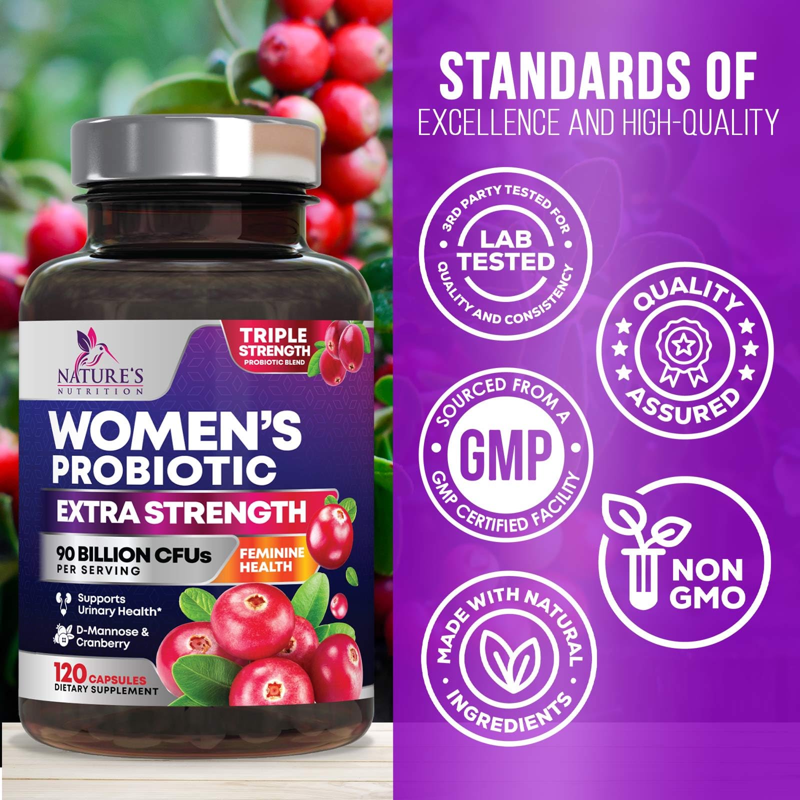 Nature's Nutrition etiqueta con ingredientes destacando 16 cepas y transparencia