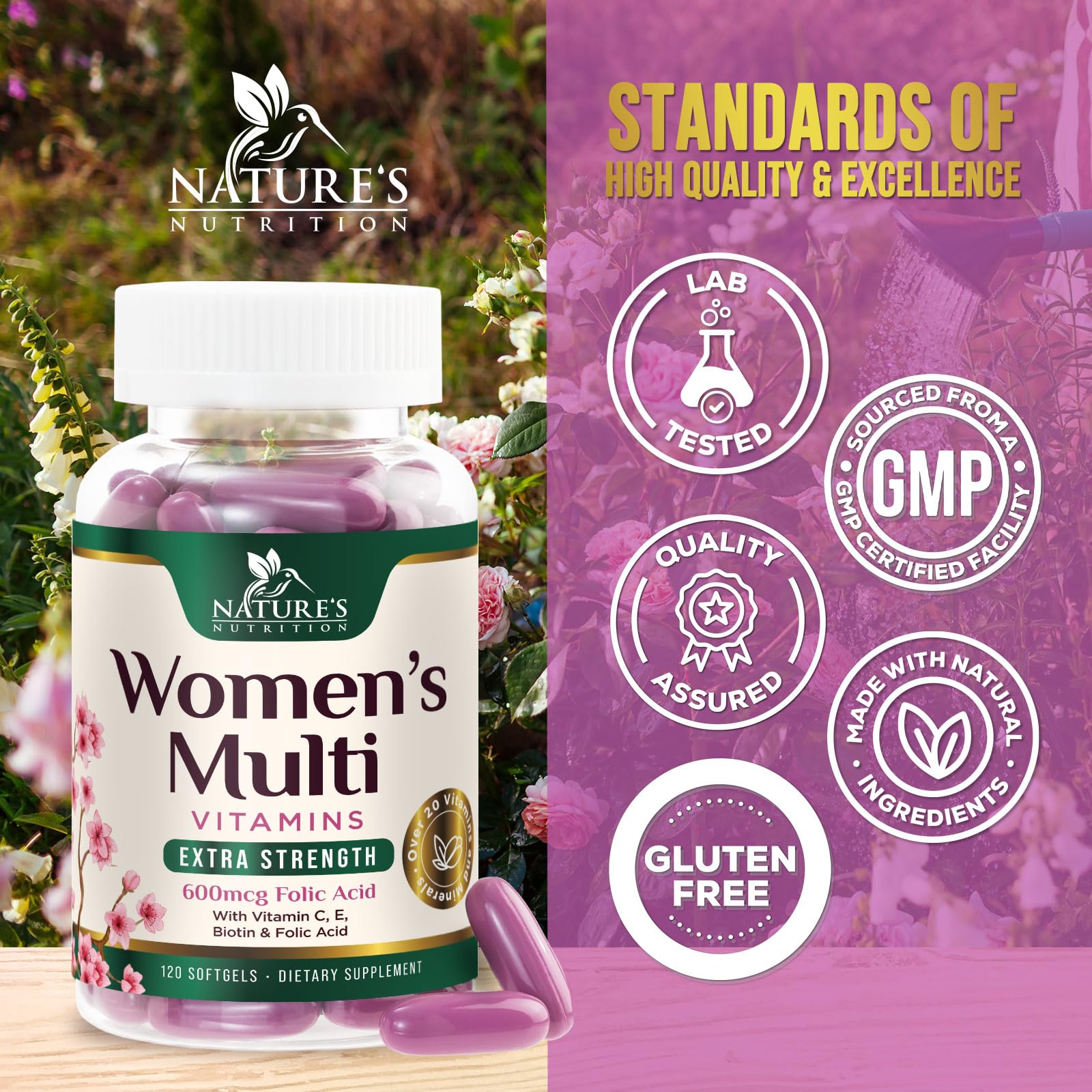 Nature's Nutrition etiqueta nutricional legible con lista de vitaminas