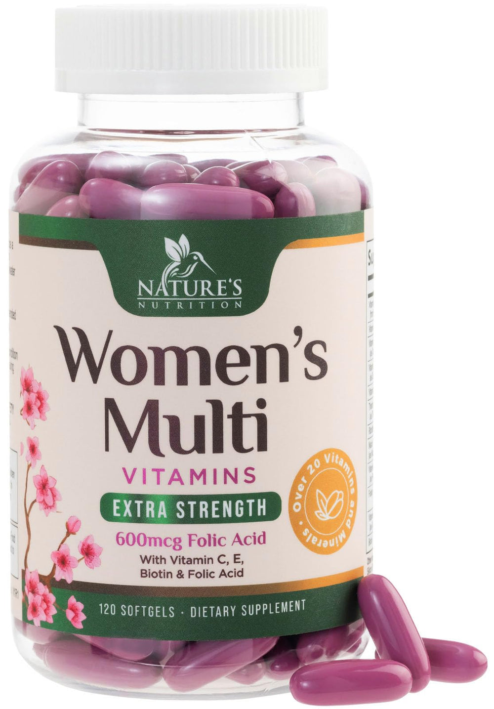 Nature's Nutrition frasco delantero mostrando etiqueta y beneficios visibles