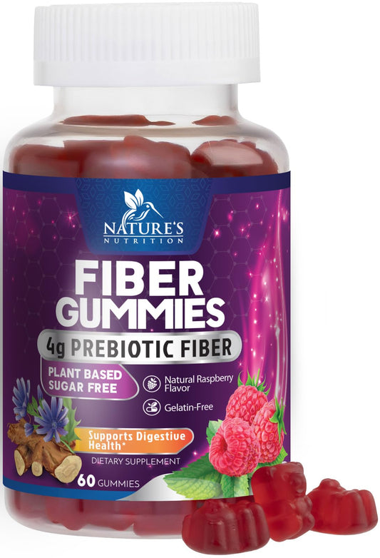 Nature's Nutrition frasco delante mostrando etiqueta y beneficio de fibra