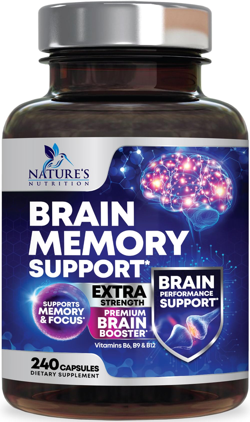 Nature's Nutrition frasco delantero muestra 240 cápsulas, beneficio concentración