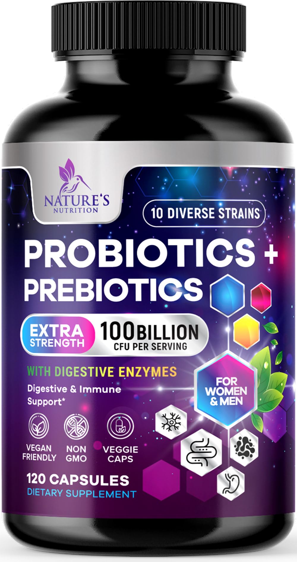 Nature's Nutrition frasco delantero mostrando etiqueta y beneficios