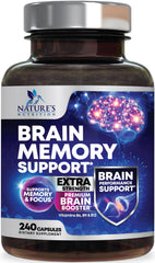 Nature's Nutrition frasco delantero muestra 240 cápsulas, beneficio concentración
