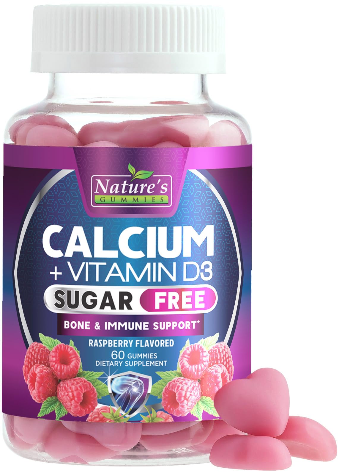 Nature's Nutrition frasco frontal con gomitas de calcio, vista clara del producto y beneficio práctico