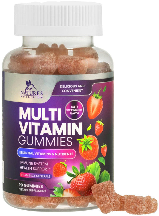 Nature's Nutrition frasco frontal con 90 gomitas para uso diario y conveniencia