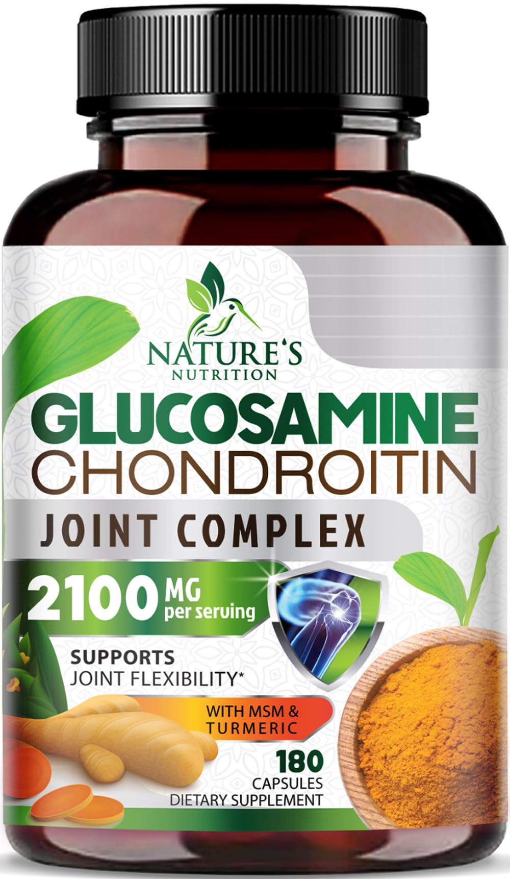 Nature's Nutrition frasco frontal mostrando la etiqueta y beneficio articular