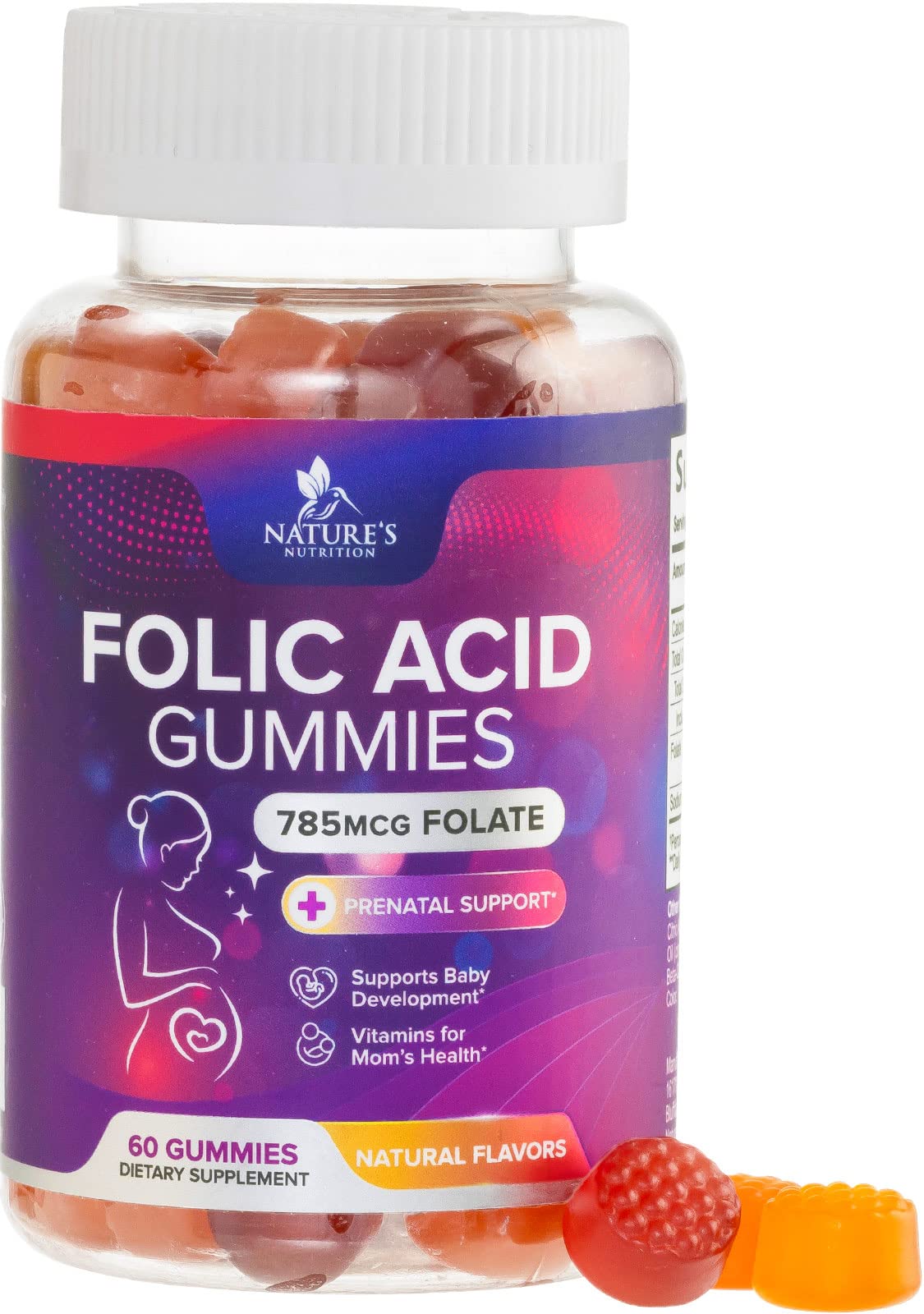 Nature's Nutrition frasco de gominolas folic acid con 60 unidades, fácil cumplimiento