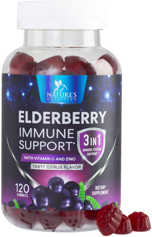 Nature's Nutrition frasco principal elderberry mostrando etiqueta y conteo