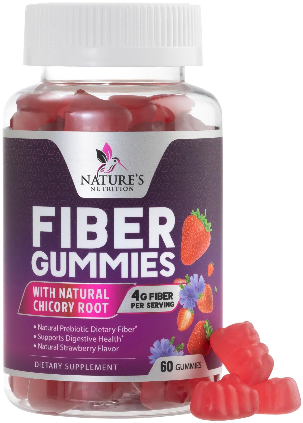 Nature's Nutrition paquete frontal de Fiber Gummies mostrando diseño y cantidad