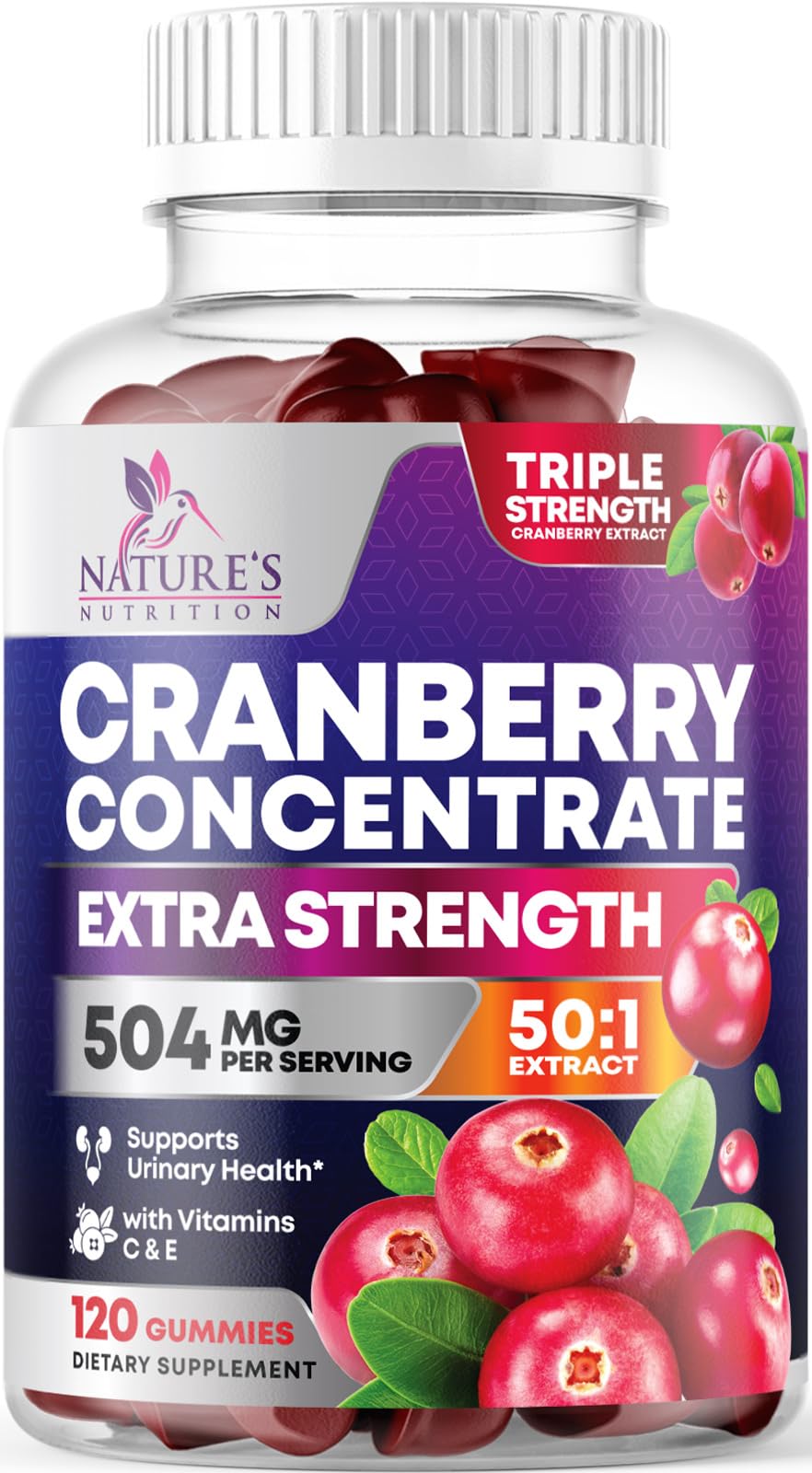 Nature's Nutrition frente del empaque mostrando 120 gomitas y beneficios
