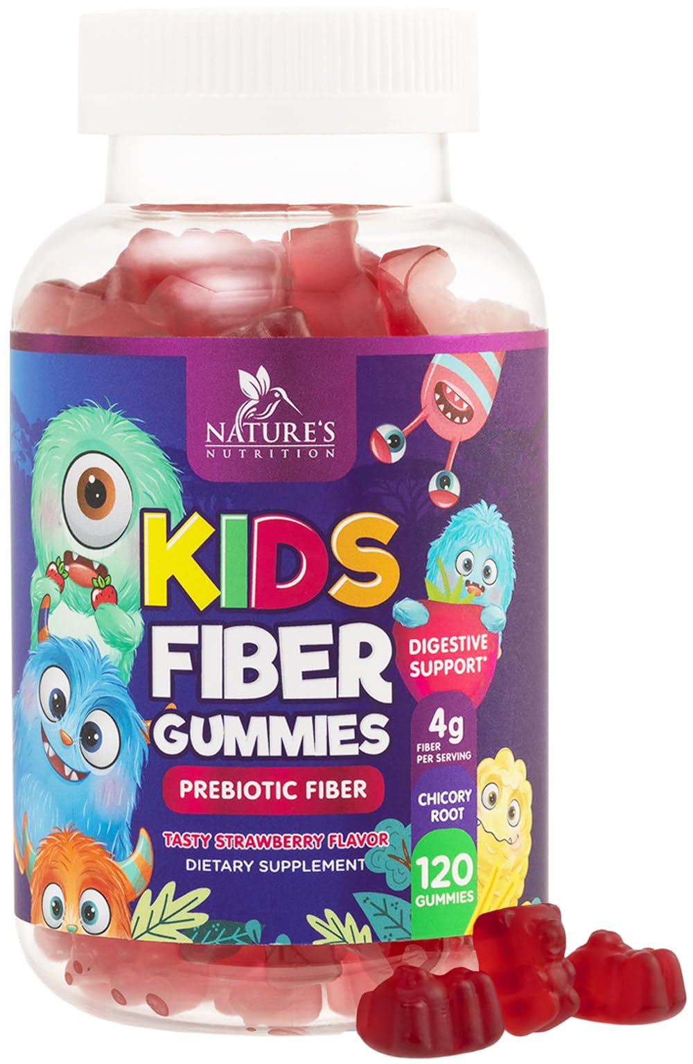 Nature's Nutrition frasco frontal mostrando 120 gomitas y beneficios de fibra