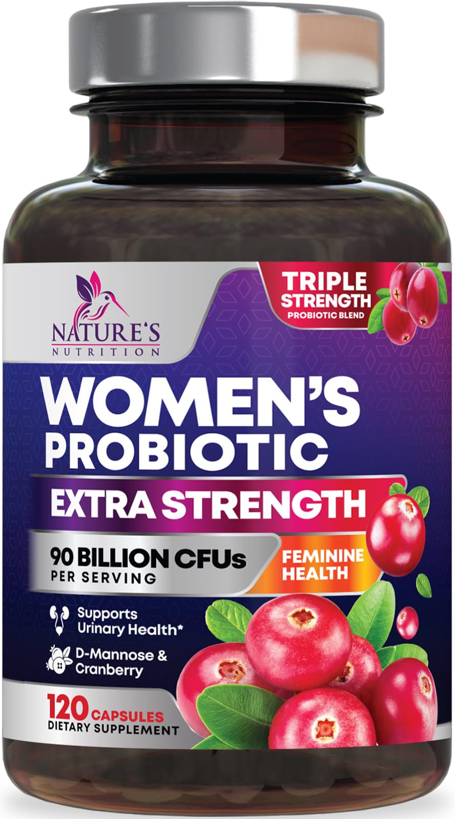 Nature's Nutrition bote frontal mostrando 120 cápsulas y beneficio de soporte femenino
